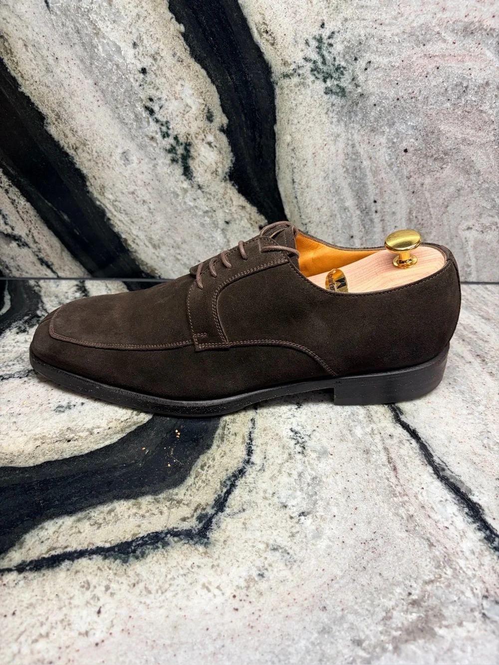 Barrett Brown Suede Apron Toe Derby Shoes Italy Mens 9.5 Handmade Luxury